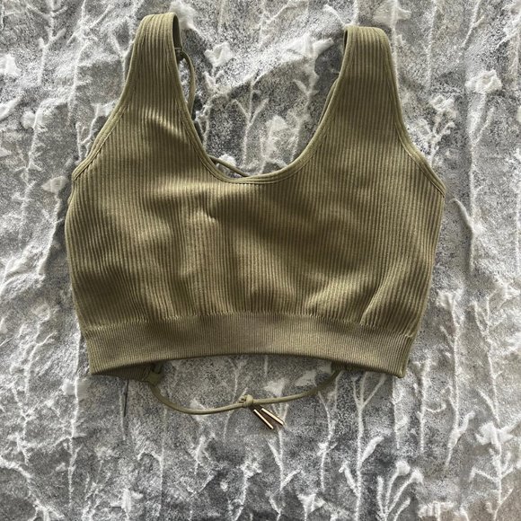 S FULL FOCUS Open Back Plunge Neck Sports Bra In Olive - Picture 5 of 5